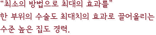 “최소의 방법으로 최대의 효과를” 한 부위의 수술도 최대치의 효과로 끌어올리는 수준 높은 집도 경력.