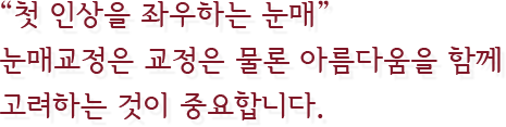 “첫 인상을 좌우하는 눈매” 눈매교정은 교정은 물론 아름다움을 함께 고려하는 것이 중요합니다.
